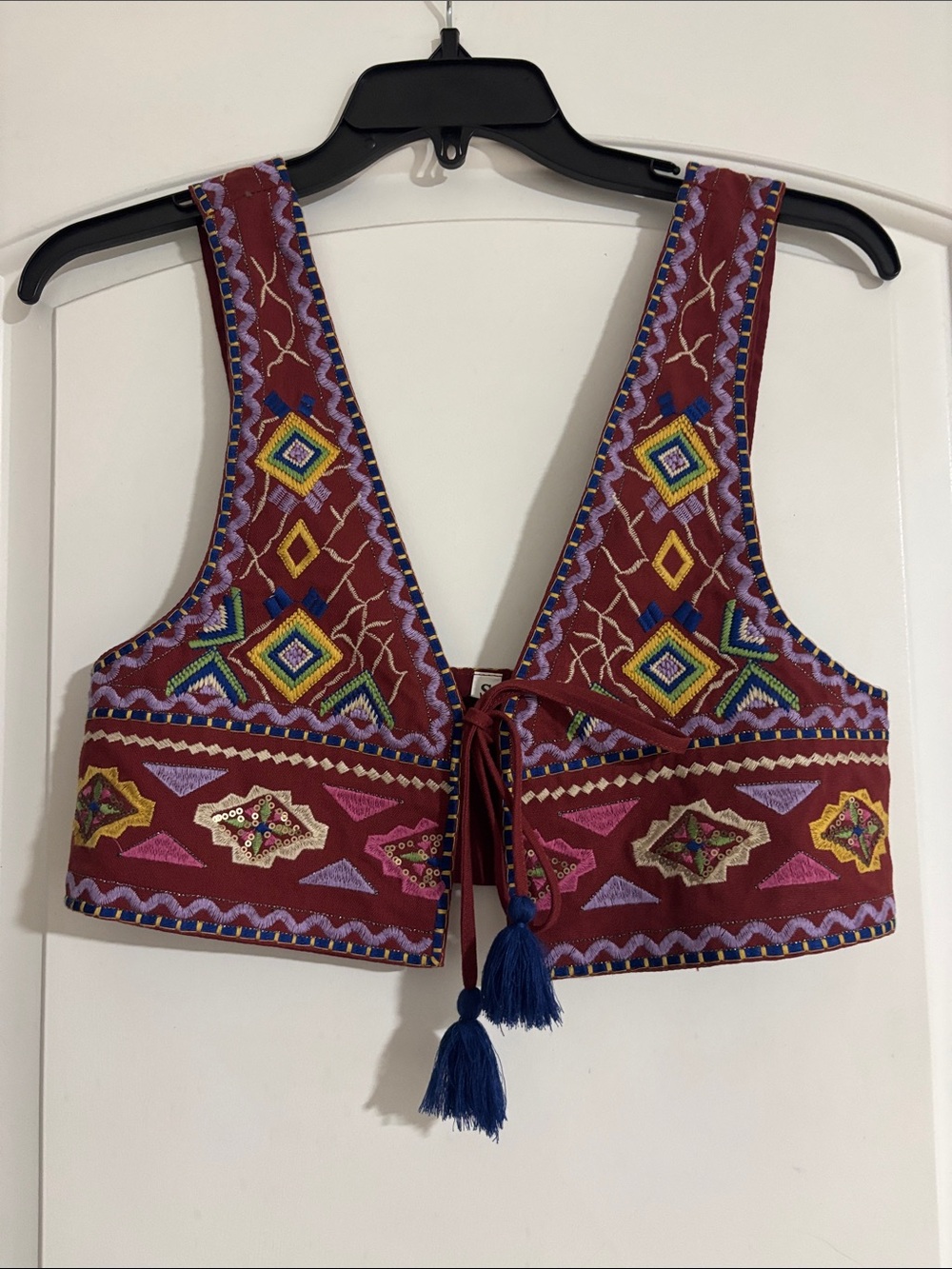 Embroidered Boho Crop Top - Burgundy